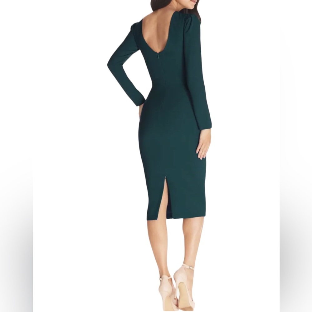 RARE Dress the Population Natalie Dress Midi Tweed Green Scoop Back Front Slit